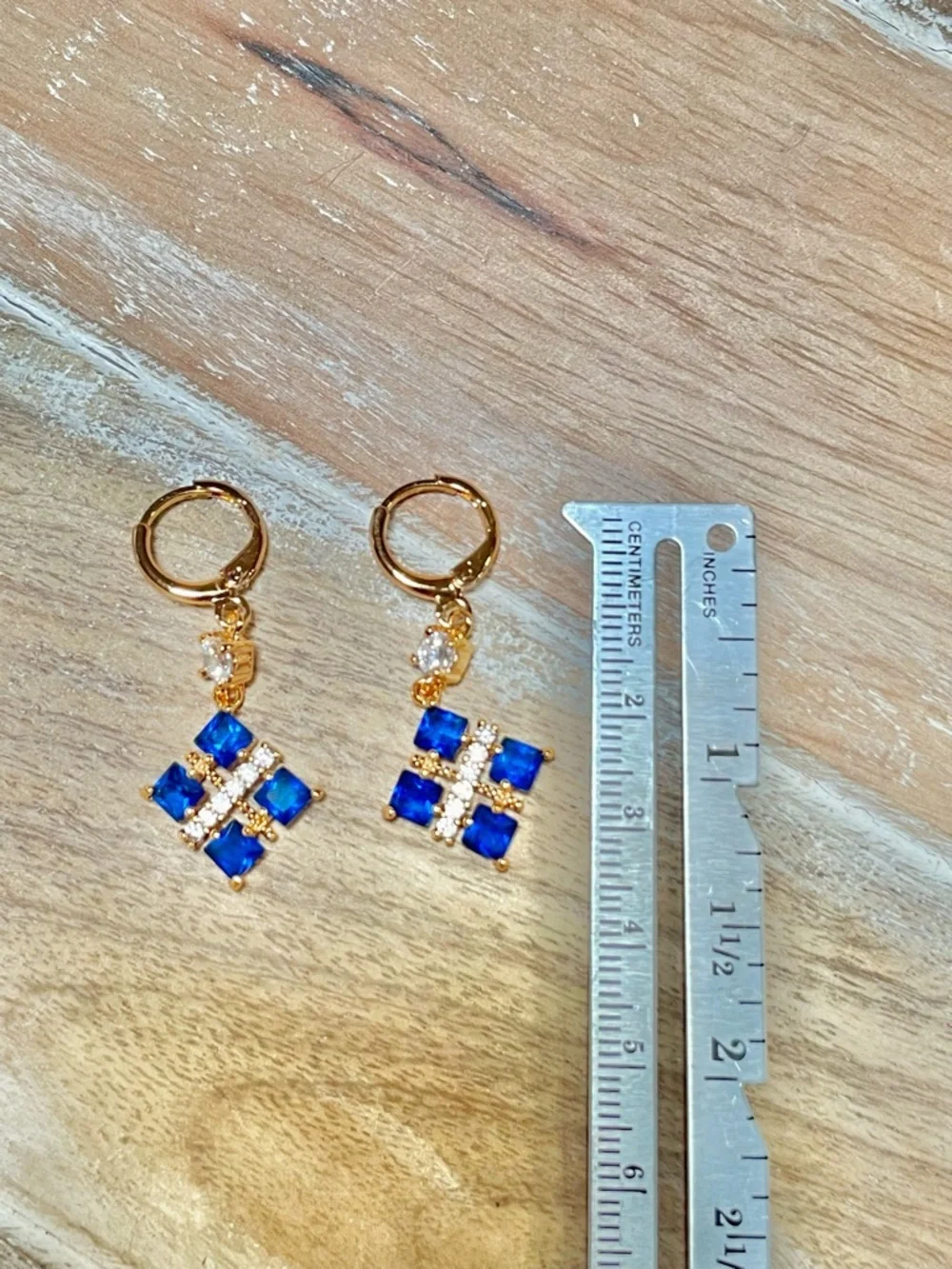 Gold-Tone Small Blue Crystal Dangle Earrings